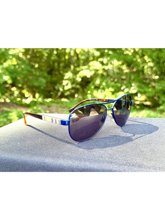 Burberry BE3080 Navy Blue Aviator Sunglasses Check Pattern Temples 59-14-135 main image 7